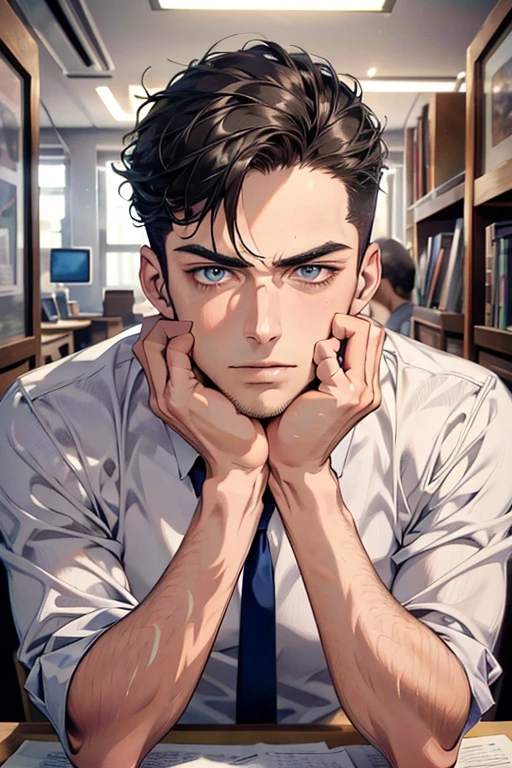 (Best Quality,4k,8k,high resolution,Masterpiece:1.2),ultra detailed,(realist,photorealist,photo-realist:1.37),1 man,31 years,mature man,very handsome,without expresion,muscled body,short gray black hair,Blue eyes,glare,perfect face without mistakes,imposing posture,businessman,office background,cinematic lighting,imagen HDR