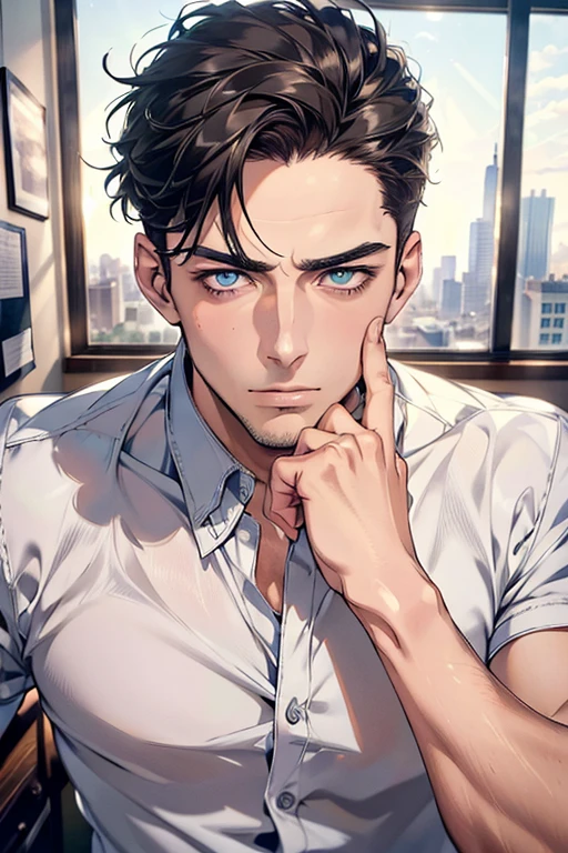 (Best Quality,4k,8k,high resolution,Masterpiece:1.2),ultra detailed,(realist,photorealist,photo-realist:1.37),1 man,31 years,mature man,very handsome,without expresion,muscled body,short gray black hair,Blue eyes,glare,perfect face without mistakes,imposing posture,businessman,office background,cinematic lighting,imagen HDR