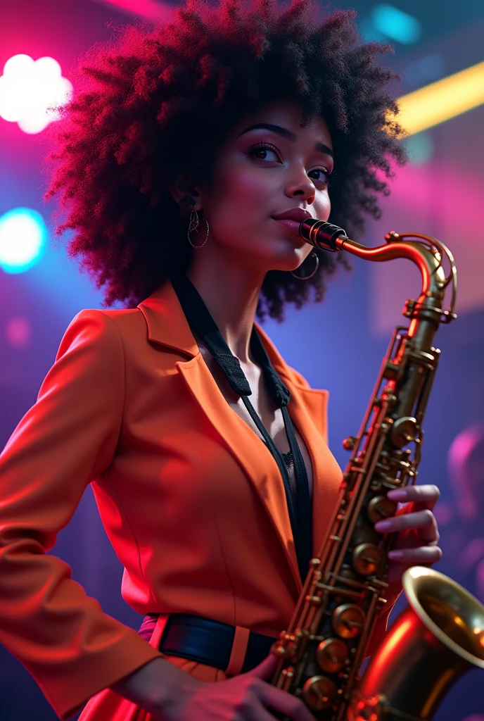 (masterpiece, Highest quality), A Japanese woman with afro hair playing the saxophone, beautiful顔, , beautiful, Small ,band, Cool vibe,, Cute night vibe, concentrate,, Funk , Neon colored clothes , Small breasts, live house,Pixar Style,whole body