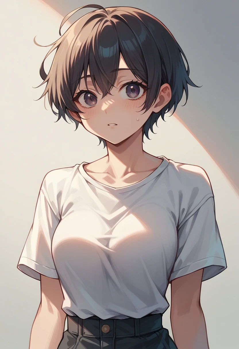 anime girl with short hair, anime version with big tits