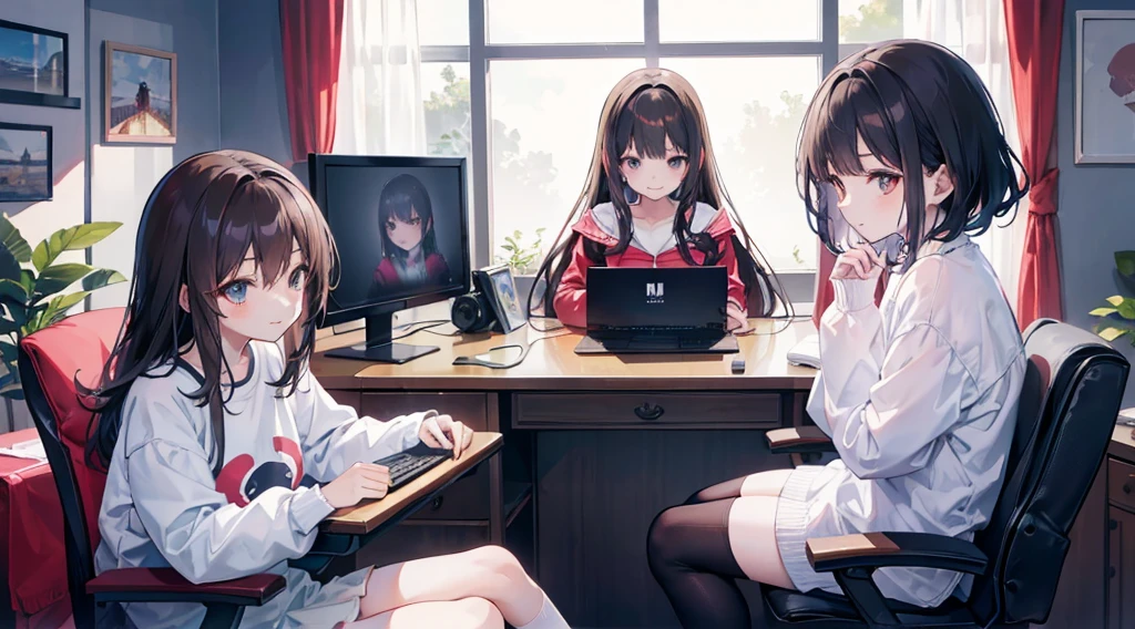 Three anime girls sitting in them bedroom, girly cute bedroom, sitting on a dark gaming chair, open windows, sunlight coming through windows, desk, two monitors, gaming computer on desk, (1girl), long brown hair, (2girl), long black hair, (3girl), red short hair, brown eyes, long sleeves white shirt, blue dominant, long socks, smile, beautiful anime artwork, ultrasharp, masterpiece, high res, 8k, three cute girls
