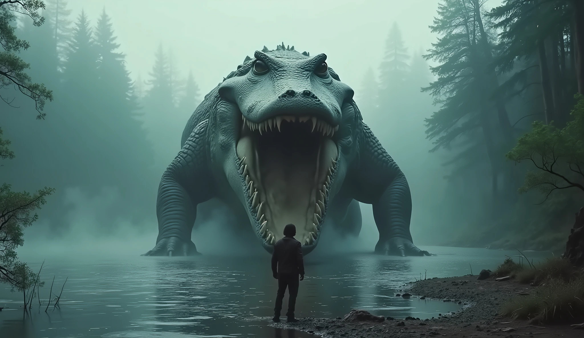 a giant crocodile coming towards a guy, a giant crocodile is the forest lake, standing in the wood. Front view, scary, horror , terrifying, scary giant crocodile, 100 meter long crocodile, Highly detailed, overlay detailed, realistic, 4k, high quality, cinematic, movie, fog, smoke