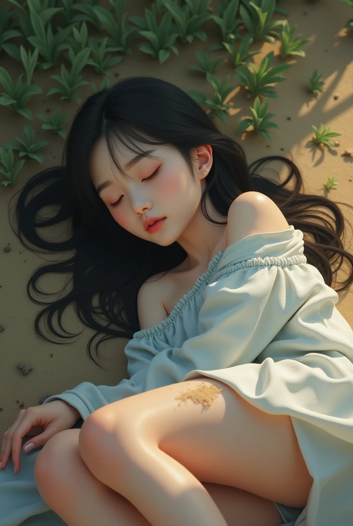 A beautiful korean girl sleeping on the flor outside, on dirt, realistic, full body, legs visible, hurt her legs