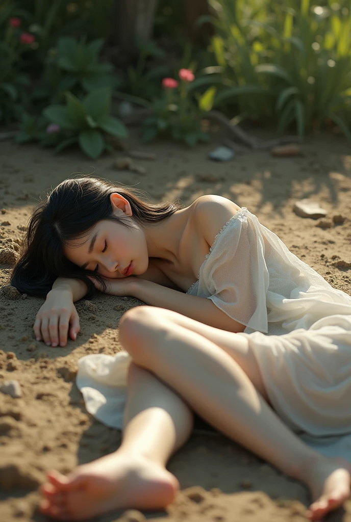 A beautiful korean girl sleeping on the flor outside, on dirt, realistic, full body, legs visible, hurt her legs