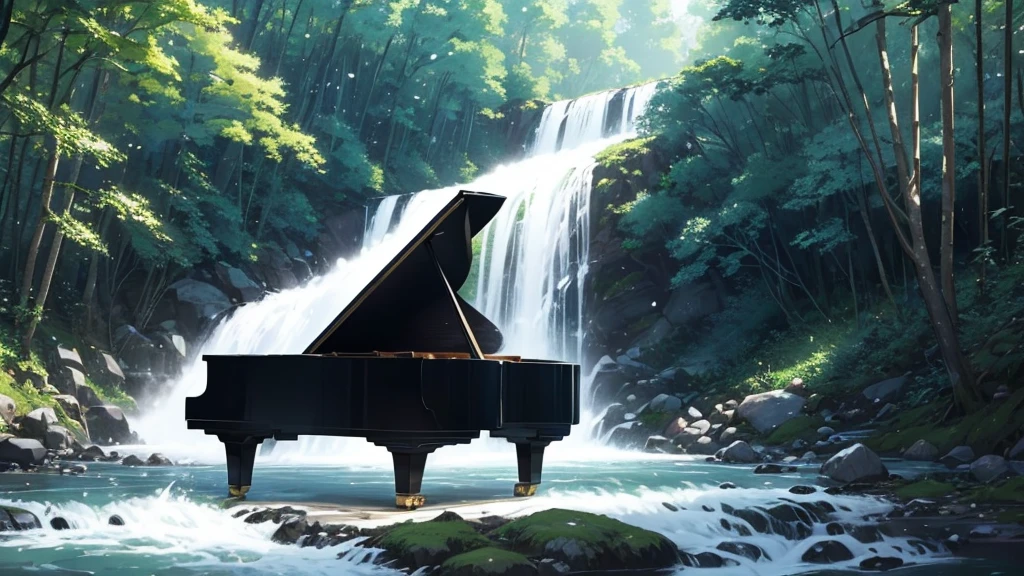 A grand piano on the bank near a stream flowing from a waterfall、White splashes are rising、In the forest of fresh vegetation、A large black grand piano placed by the riverside、Makoto Shinkai style anime illustrations、A rough illustration style、
