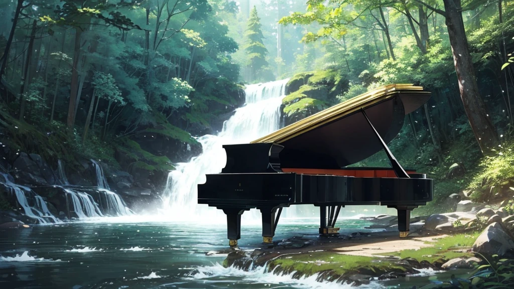 A grand piano on the bank near a stream flowing from a waterfall、White splashes are rising、In the forest of fresh vegetation、A large black grand piano placed by the riverside、Makoto Shinkai style anime illustrations、A rough illustration style、