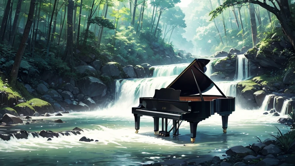 A grand piano on the bank near a stream flowing from a waterfall、White splashes are rising、In the forest of fresh vegetation、A large black grand piano placed by the riverside、Makoto Shinkai style anime illustrations、A rough illustration style、