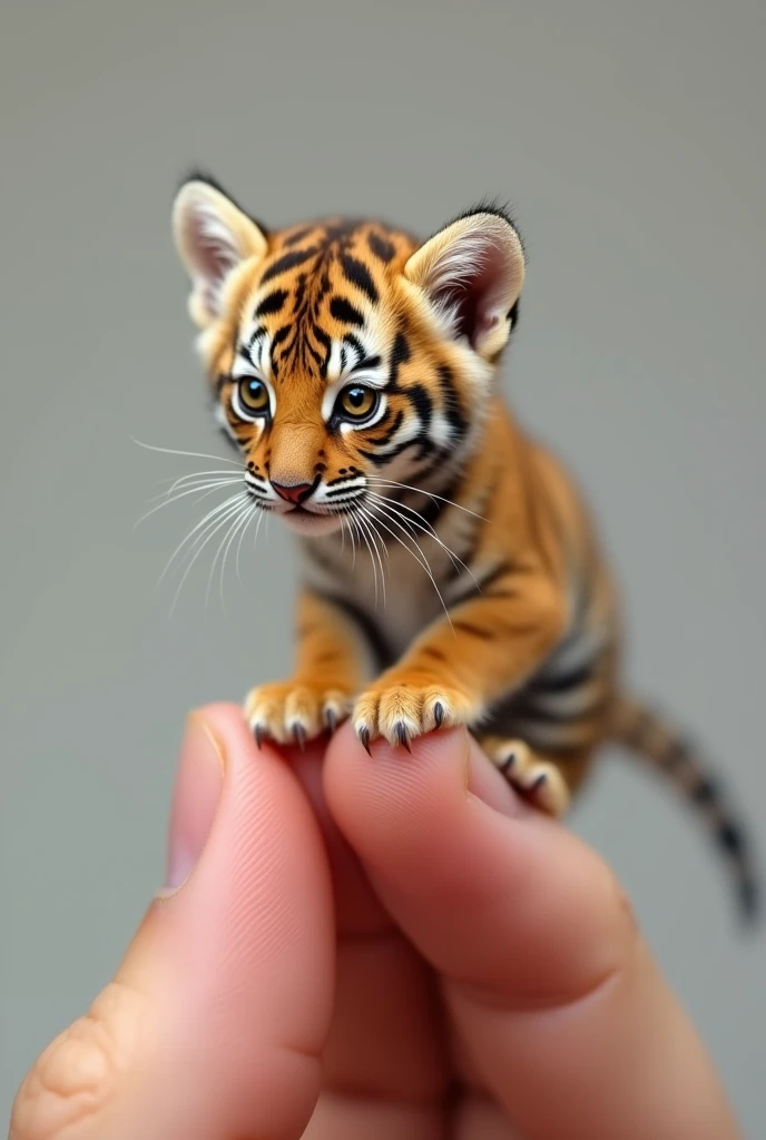Photorealistic, 8k, Micro Tiny baby [tigre siberiano bravo] perched on a human finger