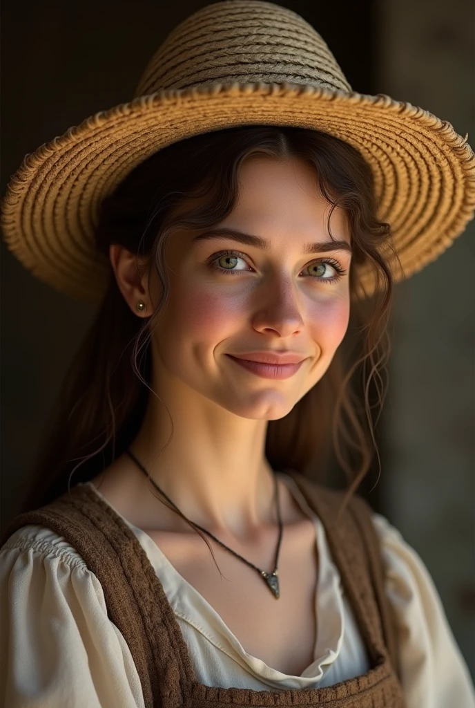 woman's face in peasant clothing, of Polish origin in the Middle Ages (with wavy hair and straw hat)