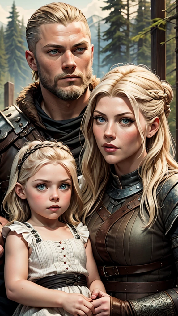 Family photography a father Ragnar Lothbrok a mother Lagertha actress Katheryn Winnick m portrait mode a viking family