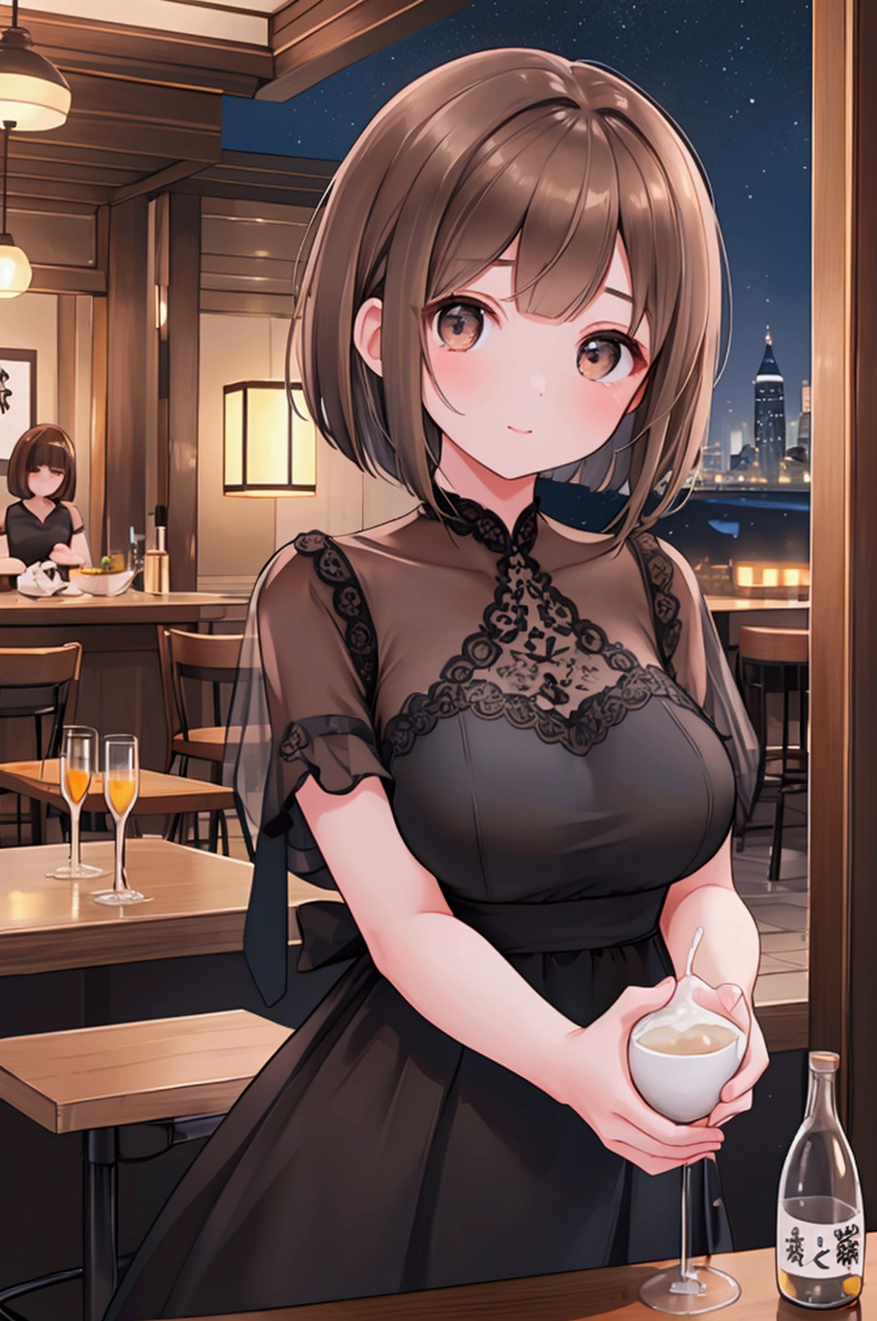 Photorealistic、Highest quality、Highest Resolution、Highest quality、16K、1 beautiful adult woman、Cute face、Delicate face、Bob cut hair、Ash brown hair color、Brown eyes、Delicate eyes、Beautiful Eyes、Beautiful breasts、Big Breasts、Black casual dress、night、dinner、bar、sake、cheers、
