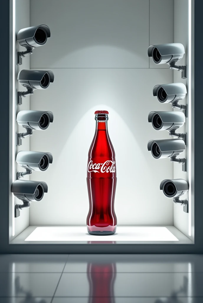 display window with a bottle of Coca Cola being monitored by several cameras around it
