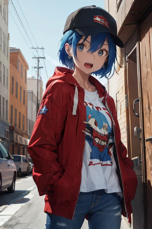 1 female, tomboy, cap, red jacket, t-shirt, blue demin jeans, blue punk hair, earrings, guitar, scream, drums, band room