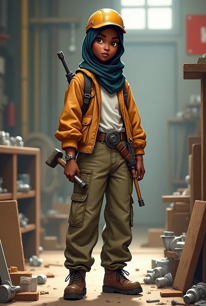 Black muslim girl wearing baggy cargo, vest, engineer cap, engineering costumes and carrying engineering's materials ( hammer )