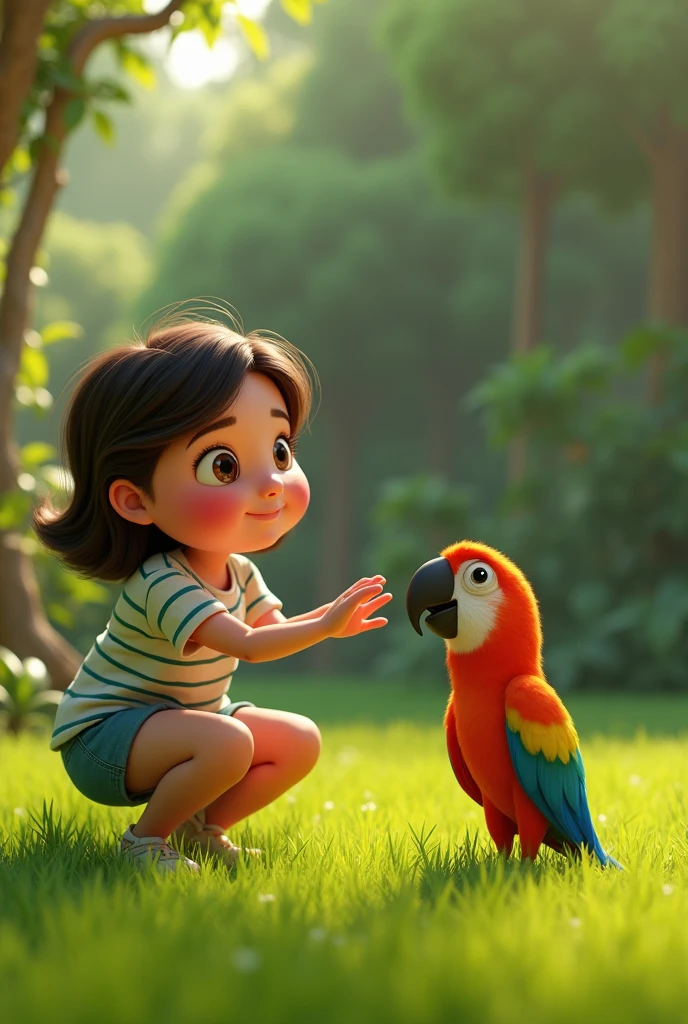 animation chubby woman of 30 years, pixar 3d model, with medium dark brown hair, fair skin, round eyes, with a ring neck parrot, in a grassy place