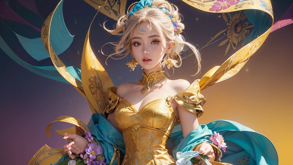 32K, 最高quality, 最高masterpiece, (ultra-Detailed Background, Detailed Background), High resolution, Super detailed, Very detailedな, 1 personの, (bouquet:1.3), (Tangled:1.2), (Geometric:1.2),(colorful),(masterpiece, quality, best quality, Official Art, Beautiful and beautiful:1.2), (1 person:1.3), Very detailed,(colorful:1.1)(Flowers:1.3),Most detailed,(Tangled:1.2), whole body, (Abstract background:1.3), (Skin glows), (Many colors:1.4), ,(Earrings Jewelry:1.5), Pale yellow background, It's imaginative., Milk tea colored hair, Updo,