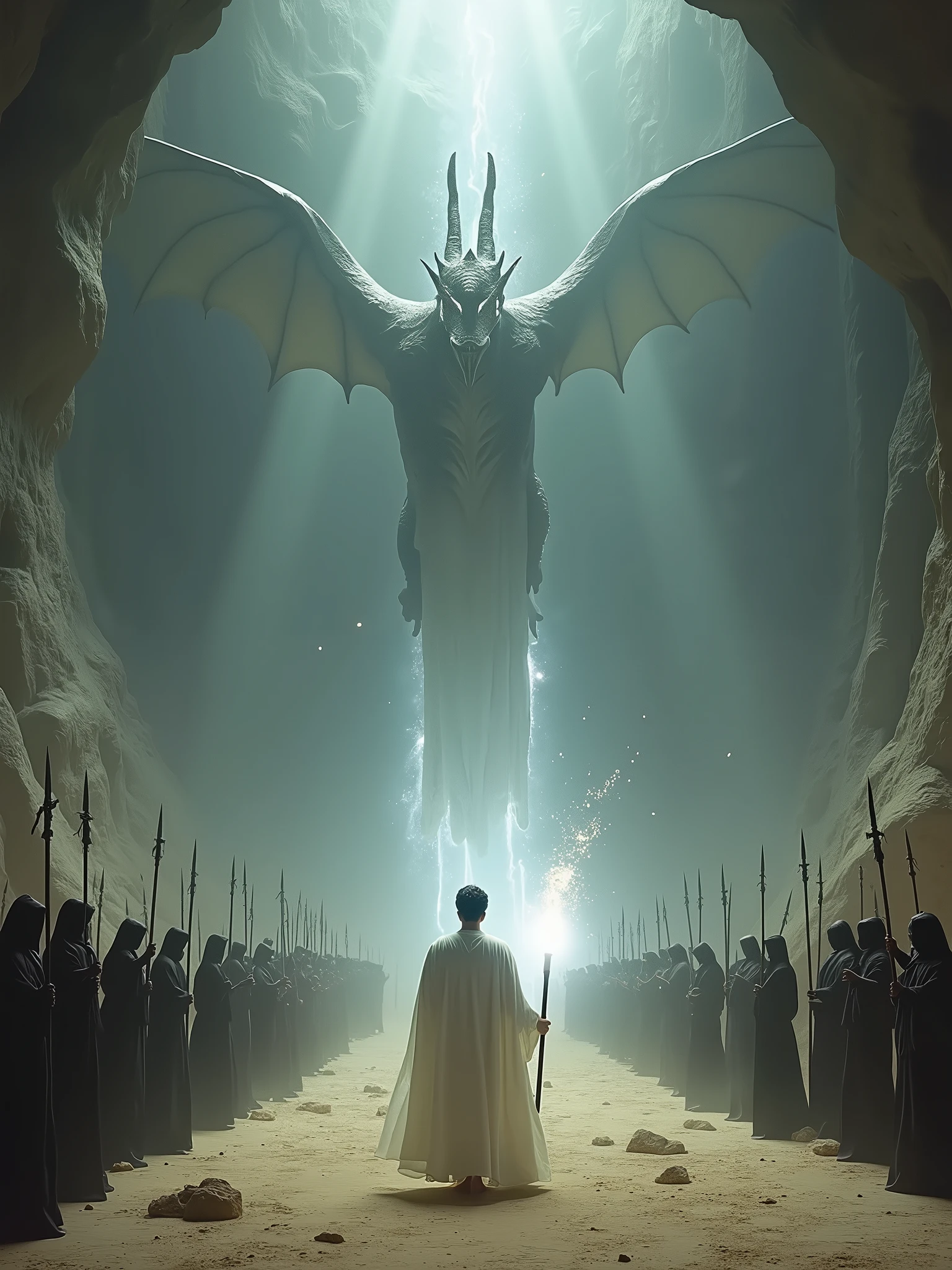 Create an epic fantasy scene set in a vast underground cave. The ceiling of the cave is illuminated with an eerie soft light that reveals a giant, fearsome fire-breathing dragon with long, evil wings and an ancient, twisted body descending from above. Below, in the cave's sandy landscape, a large army of soldiers in dark robes and armor stand ready for battle. At the forefront, a 20-year-old man in a flowing white robe floats above the ground, holding a glowing white staff that emits a bright magical light. Soldiers surround him as a defensive force, demonstrating unity in the fight against the terrifying fire-breathing dragon. The atmosphere is tense, full of suspense and the imminent clash between the forces of light and dark. Beautiful colors and soft earth tones, with the white light from the staff creating moving shadows and highlights. Natural light, 8k clarity.