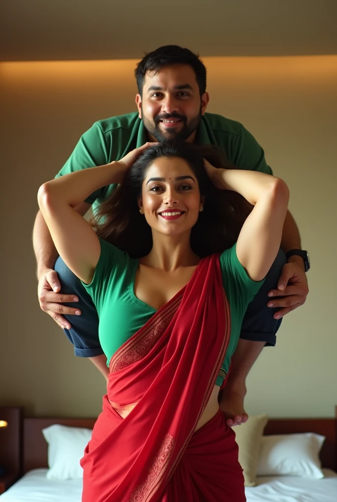 Beautiful and Slim Indian woman Aishwarya Rai in green blouse red saree lifting a large chubby man above her shoulders, man is sitting on woman's shoulders, in a bedroom with high ceiling, natural smile, full body image 