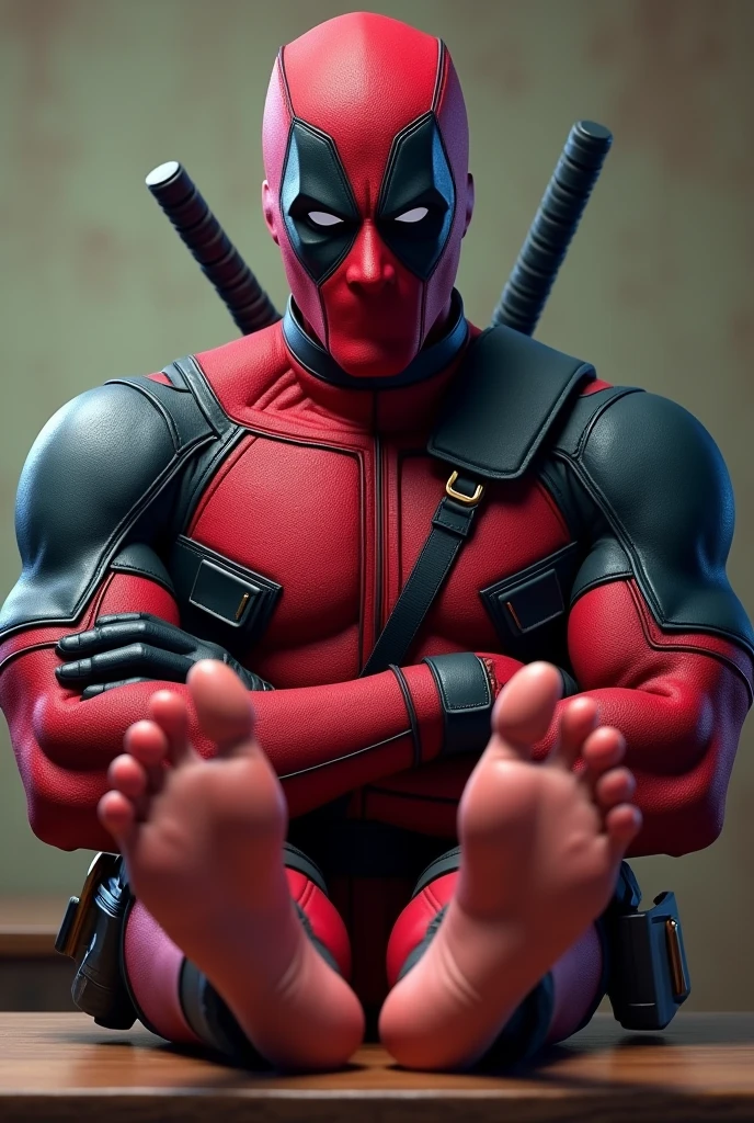 deadpool with his arms crossed, sitting down, showing off bare feet, soft soles on table, foot focus, feet in front of viewer, thick soles