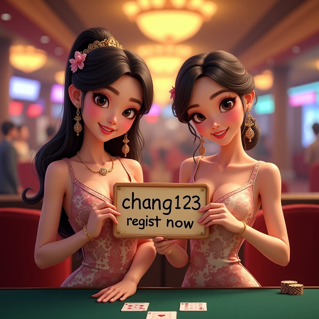 upper body, beautiful two thailand woman holding up a sign "CHANG123 REGIST NOW", joyful, happy, casino background, wearing thailand traditional dress, RealCartoon pixar, medium breast cleavage, Standing behind poker table,
