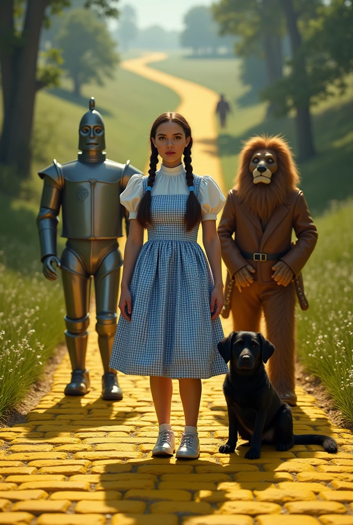 ((best quality)), ((masterpiece)), (detailed), Dorothy Gale wearing silver shoes, yellow brick road, Toto (small black dog), the Scarecrow, the Tin Woodman, and the Cowardly Lion, (front view), detailed and extreme, 8k, RAW photo, high resolution, high quality), detailed background, cinematic lighting, back lighting, photorealistic, hyperrealistic, by dasagi, scattered debris