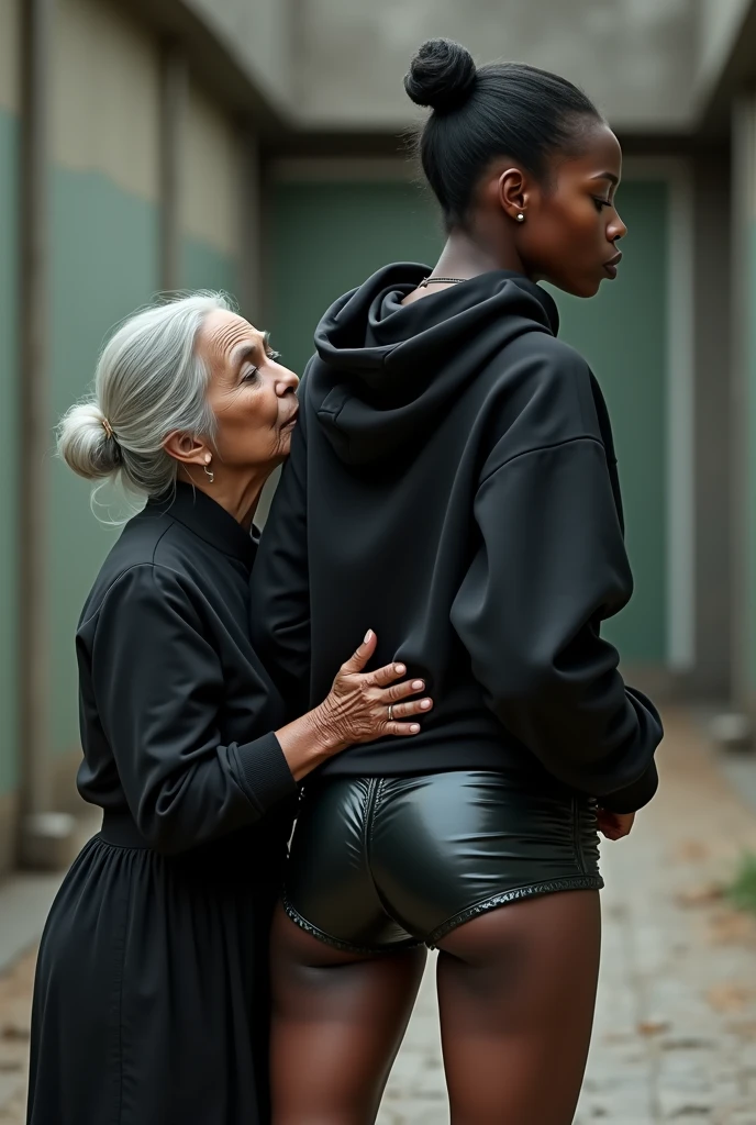 black woman hair in a bun black hoodie black leather short shorts a old grandma in a dress on her knees kissing her ass behind her squeezing her butt