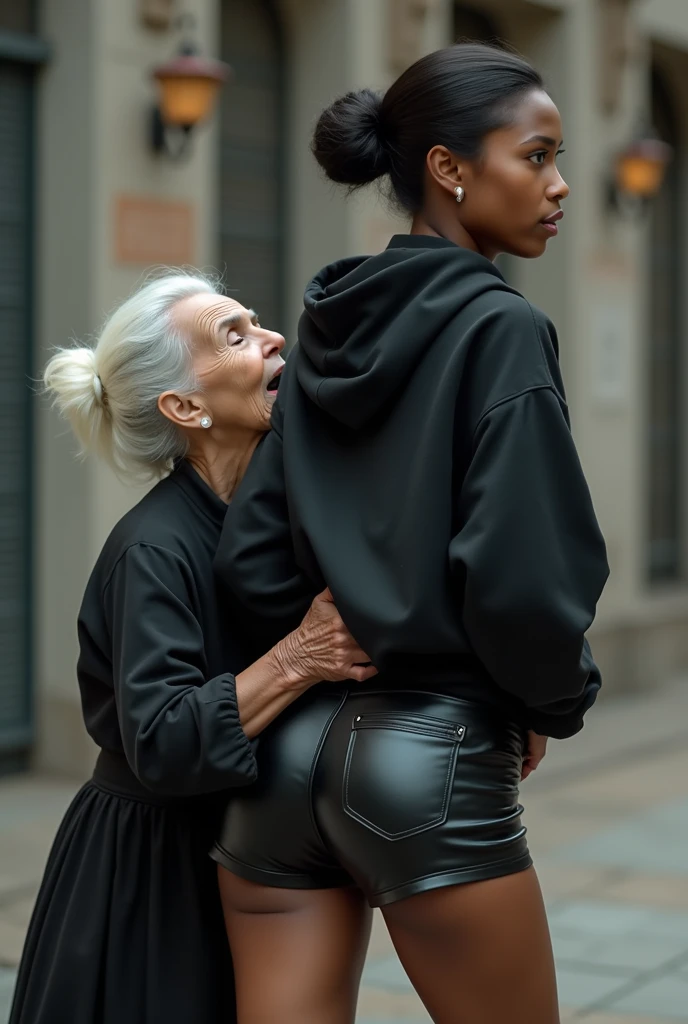 black woman hair in a bun black hoodie black leather short shorts a old grandma in a dress on her knees kissing her ass behind her squeezing her butt