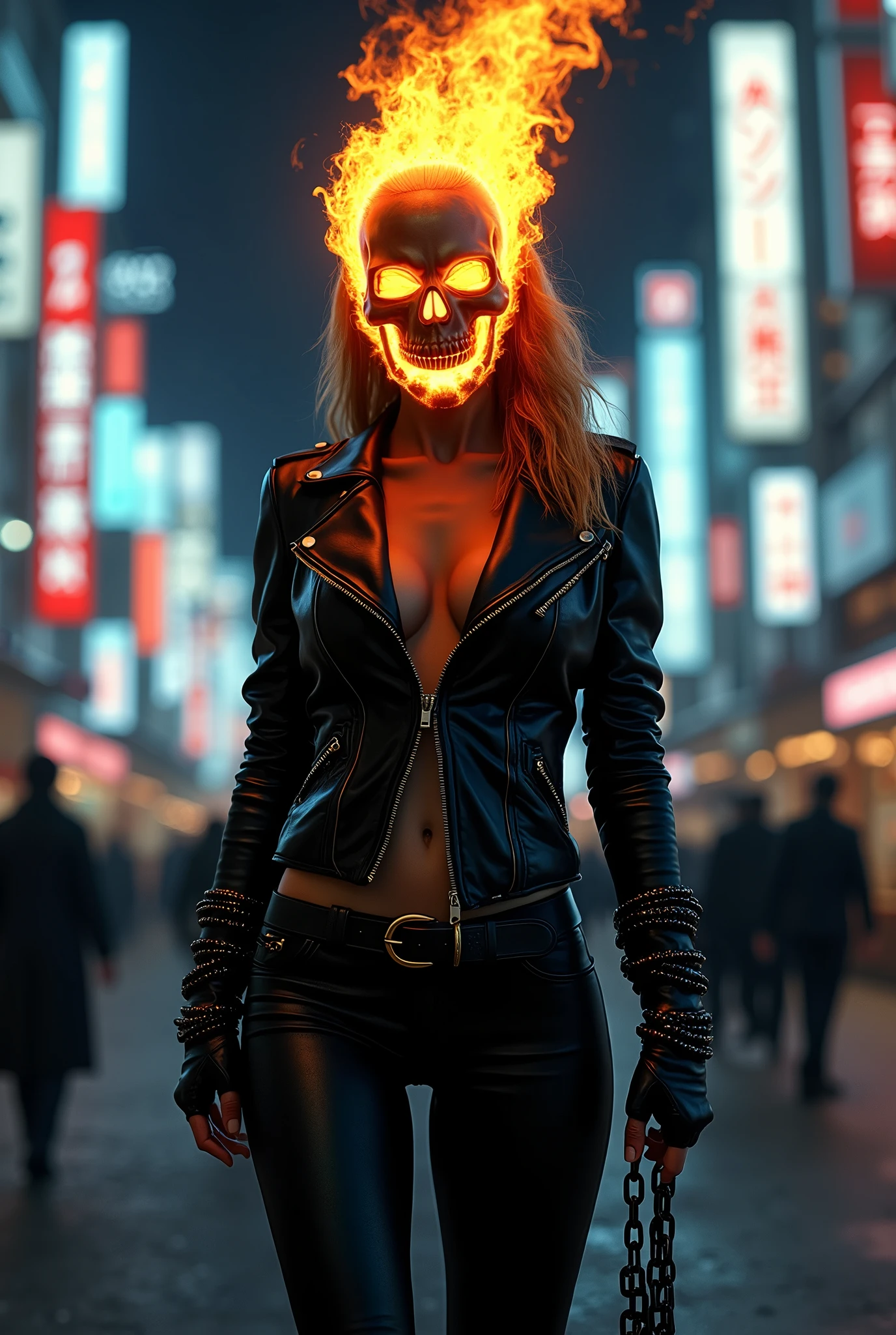 Marvel's Ghost Rider (portrayed by Taylor Swift, leather jacket, leather pants, flaming skull head, gloves, several hell chains wrapped around forearms), night, downtown Tokyo