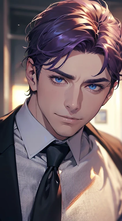 (best quality,4k,8k,highres,masterpiece:1.2),ultra-detailed,(realistic,photorealistic,photo-realistic:1.37),1 man,3,mature man,very handsome,without expression,smile,short purple hair,blue eyes,penetrating gaze,perfect face without errors,imposing posture,businessman,office background,cinematic lighting,hdr image