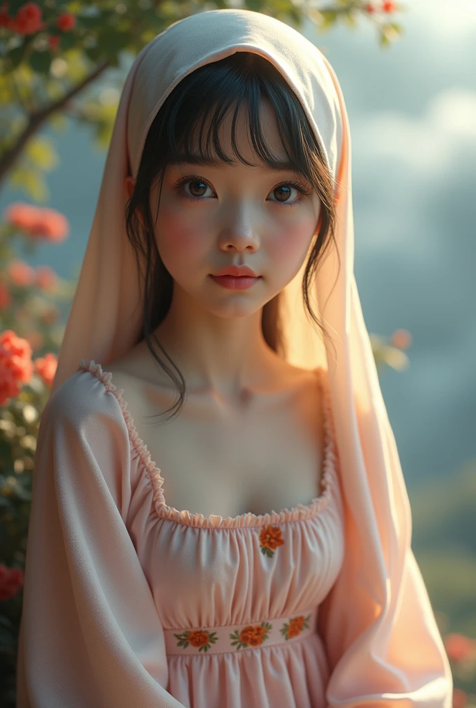 , (Close-up of the style,UHD 8k,Masterpiece grade CG wallpaper),Movie Lighting,Cute girl,Delicate and beautiful face,dream primary school student,Wear a short summer dress with small floral patterns at the waist,Hijab,Bust Poems,sit,Cloudy background,Tree,Floral scent,summer,Chinese Architecture, cleveage, magic