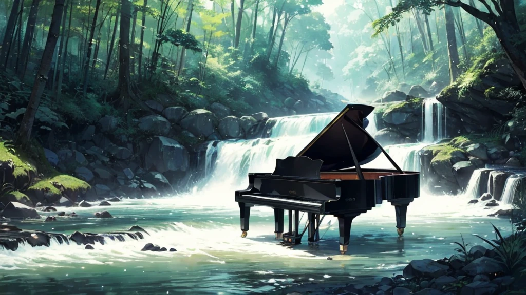 A grand piano on the bank near a stream flowing from a waterfall、White splashes are rising、In the forest of fresh vegetation、A large black grand piano placed by the riverside、Makoto Shinkai style anime illustrations、A rough illustration style、