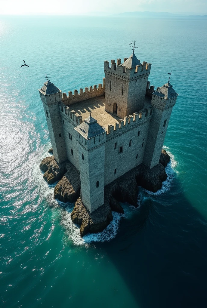 Aerial video of a castle in the middle of the sea