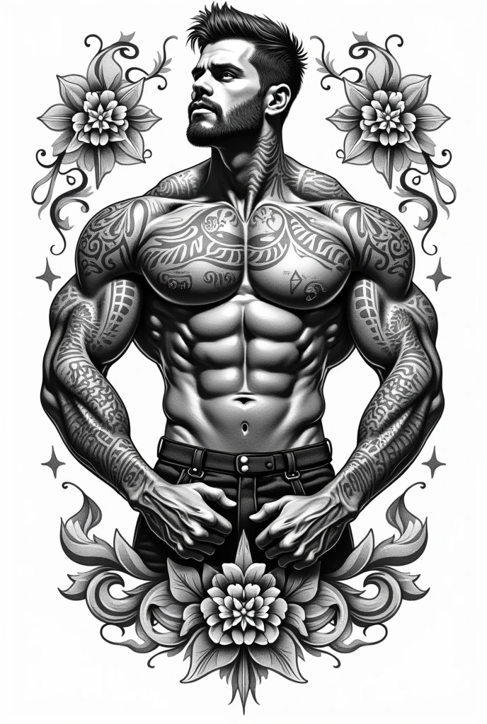 Tatuages old school , sketch, drawning, with bodybuilding theme, black andwhite