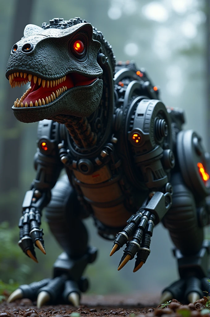A massive (mechanized robotic) tyrannosaurs rex, highly detailed, intricate mechanical gears and components, dark metallic body, glowing red eyes, steam vents, industrial cyberpunk style, dramatic lighting, cinematic composition, 8k, hyper-realistic, unreal engine, award winning cgi, professional 3d rendering
