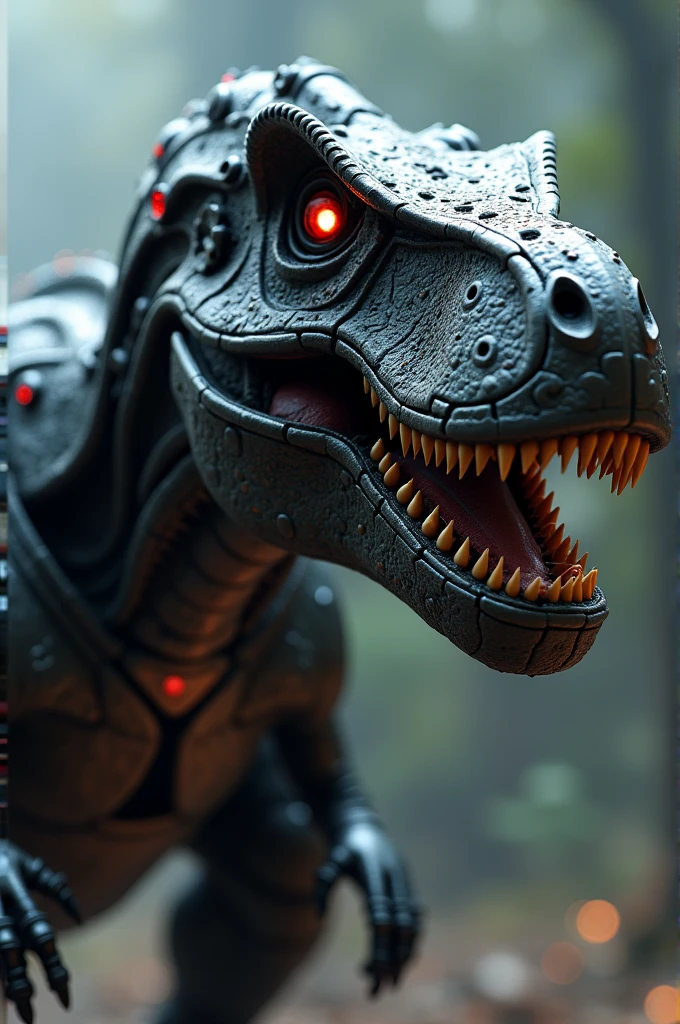 A massive (mechanized robotic) tyrannosaurs rex, highly detailed, intricate mechanical gears and components, dark metallic body, glowing red eyes, steam vents, industrial cyberpunk style, dramatic lighting, cinematic composition, 8k, hyper-realistic, unreal engine, award winning cgi, professional 3d rendering