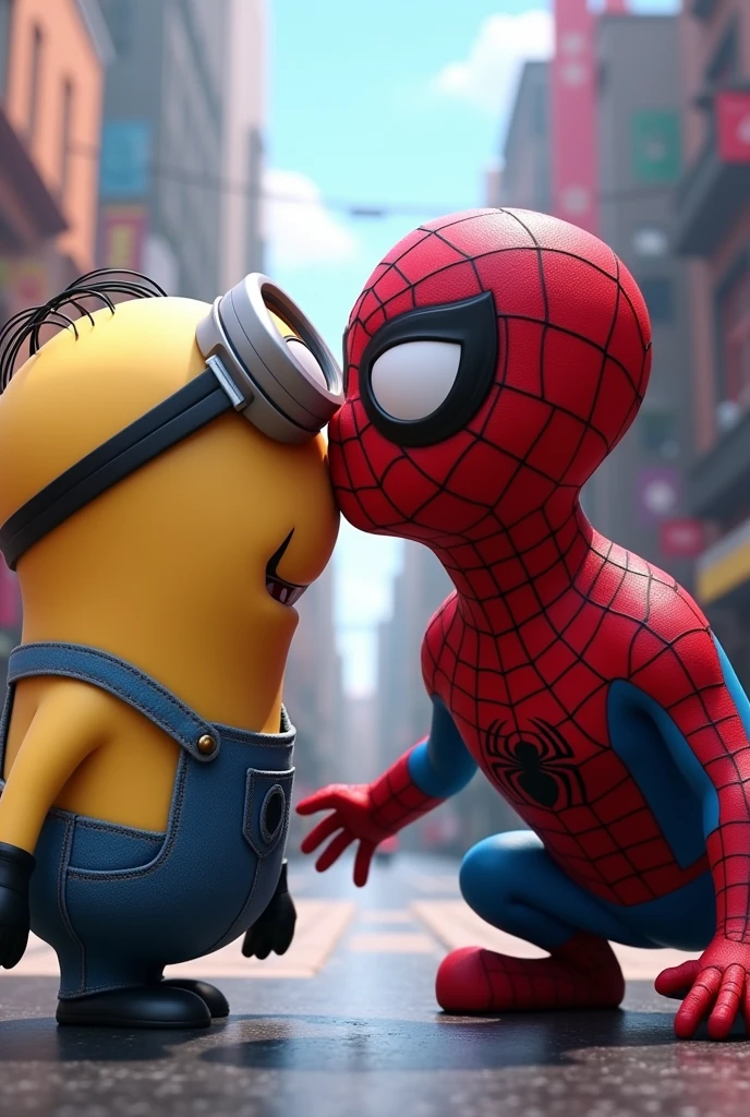 A Minion kissing Spiderman on his mouth