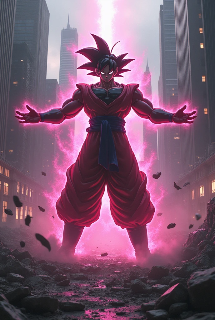 Make me a background of a destroyed city and in front appears Black Goku and he is opening his arms so that Black has a pink aura