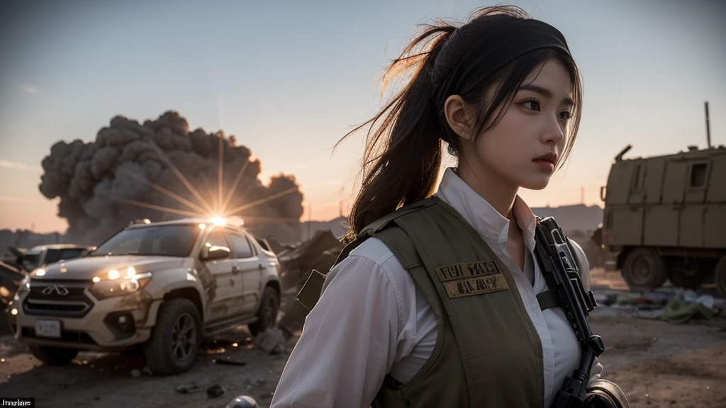 Instructions: *A striking scene of a 25-year-old female Korean soldier wearing a headscarf, with a determined expression on her face, taking cover behind a destroyed vehicle, trading fire with an unseen enemy. She is dressed in tactical military gear, complete with khaki fatigues, utility vest, and fingerless gloves. Her elegant headscarf adds a sense of movement to the image. The soldier holds a modern black assault rifle close to her chest, her grip firm and ready. Behind her, the remains of battle are visible, with thick plumes of smoke billowing into the sky and damaged military vehicles scattered around her. The background conveys a sense of urgency and tension, as if a fierce battle is taking place. The lighting is natural, with the sun casting a blinding light, highlighting the dust and debris in the air. The overall mood is intense, capturing the raw emotions of a soldier in the heat of battle.*