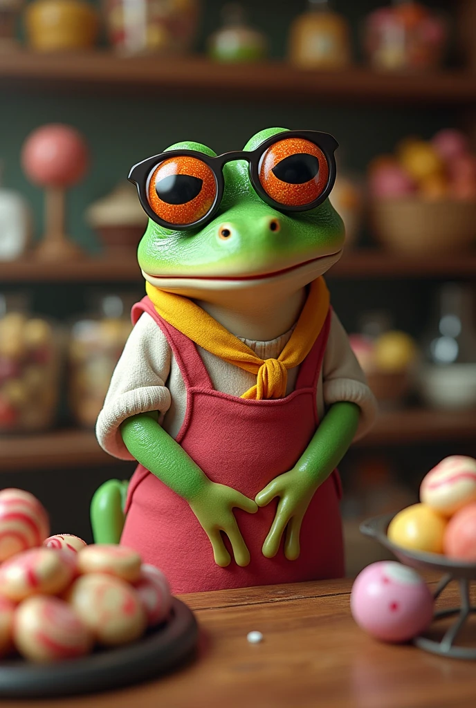 Retro Images，Storytelling，Tree frog，Ultra-realistic，high resolution，The frog is the candy store grandma，Wearing glasses，There are a lot of sweets on the shelves