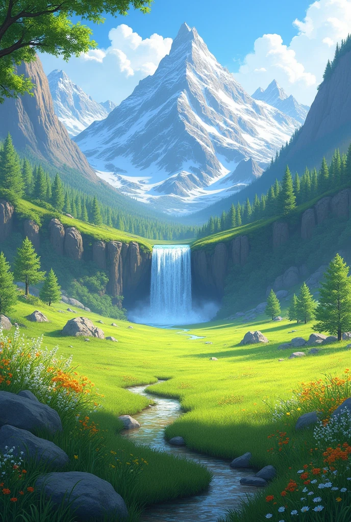 There is a wide, beautiful meadow, with a waterfall and mountains behind.