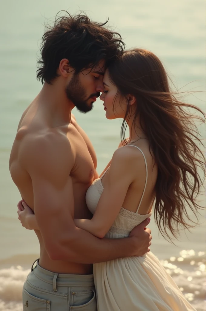Long brown haired woman in a white dress hugging messy black haired man without a beard
