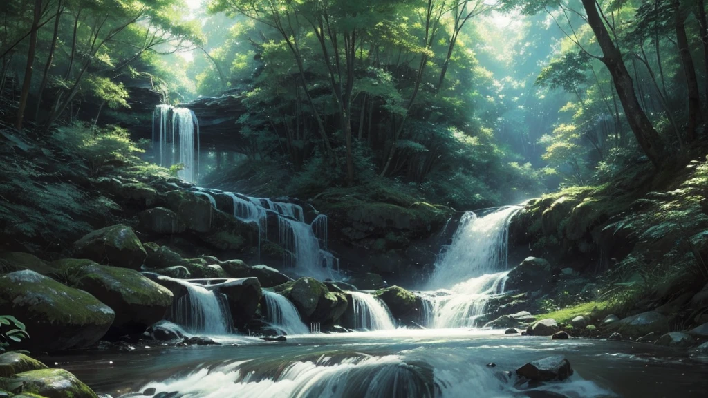 A grand piano on the bank near a stream flowing from a waterfall、White splashes are rising、In the forest of fresh vegetation、A large black grand piano placed by the riverside、Makoto Shinkai style anime illustrations、A rough illustration style、