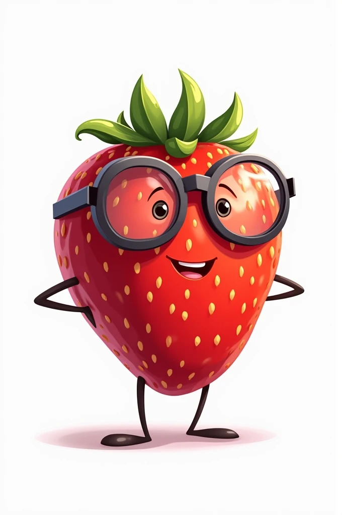 An animated strawberry with big cycling glasses, that the strawberry has line arms and is on a white background 