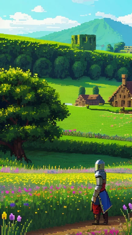 medieval knight, field of flowers, pixel art