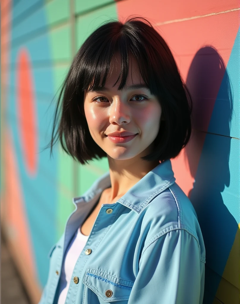 RAW photo, best quality, masterpiece, photorealistic, Polish girl, ((Light blue ASICS sneakers)), 20 years old, black hair, Light grey eyes, short bob cut, hair in 7 thirds, hair over one ear, Symmetrical eyes, pale skin, Big Breasts, rip gloss, Wearing light blue ASICS sneakers, full body, photographed in front of a colorful stylish exterior wall, smiling, cowboyshot, sunny, outdoors, detailed background shot, model-like pose, summer, sunlight, shadow, stylish outfit, pale skin