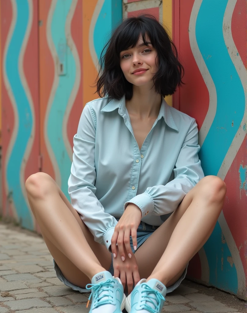 RAW photo, best quality, masterpiece, photorealistic, Polish girl, ((Light blue ASICS sneakers)), 20 years old, black hair, Light grey eyes, short bob cut, hair in 7 thirds, hair over one ear, Symmetrical eyes, pale skin, Big Breasts, rip gloss, Wearing light blue ASICS sneakers, full body, photographed in front of a colorful stylish exterior wall, smiling, cowboyshot, sunny, outdoors, detailed background shot, model-like pose, summer, sunlight, shadow, stylish outfit, pale skin