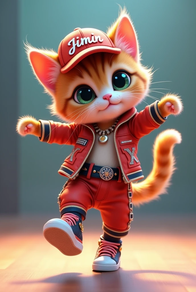 A cool and cute male cat is dressed as a kpop dancer and standing on the floor dancing。 The hat says JIMIN。