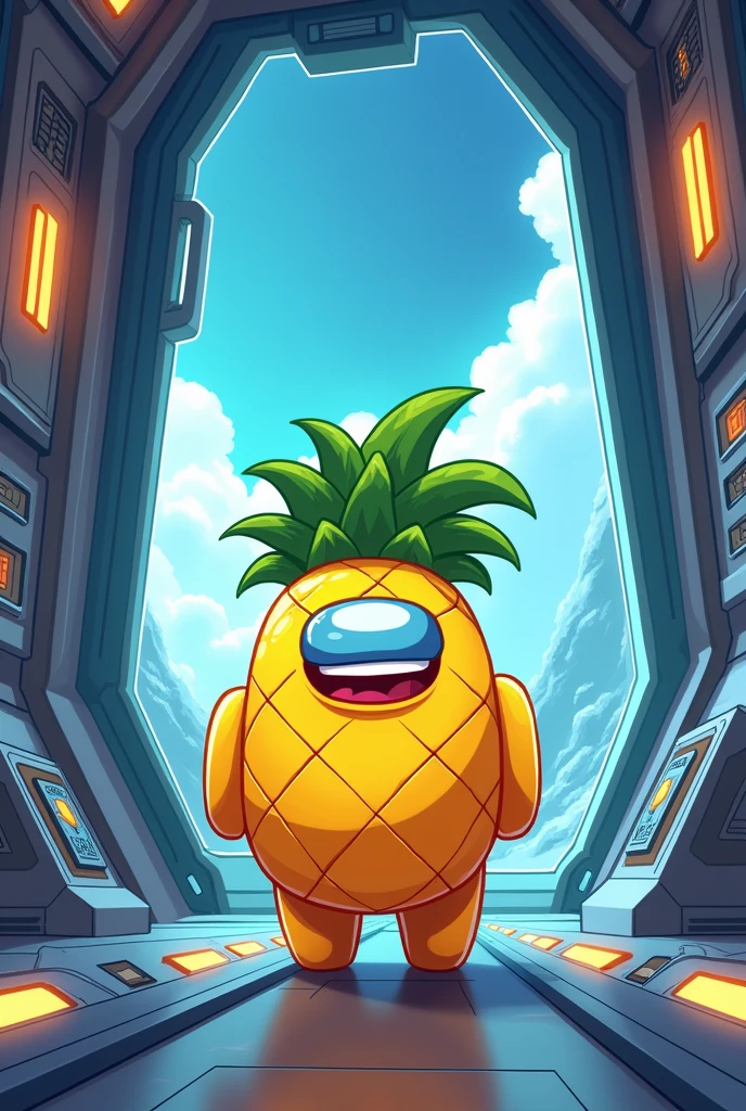 Among us cartoon that looks like pineapple in spaceship