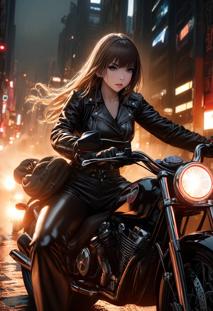 a girl in a leather jacket, leather pants, with a flaming skull head, gloves, and several hell chains wrapped around her forearms, riding a motorcycle through the streets of downtown Tokyo at night, hyperrealistic, 8k, photorealistic, dramatic lighting, cinematic, moody, dark, high contrast, intense colors, volumetric fog, gritty, grunge, marvel's ghost rider, taylor swift