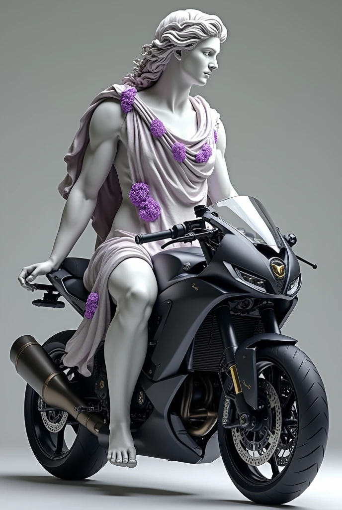 GREEK STATUE WITH PURPLE DETAILS ON CLOTHING ON TOP OF A MODERN MOTORCYCLE